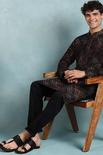 Men black viscose rayon ethnic motifs embroidered straight kurta