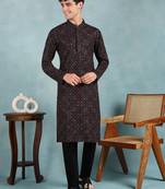 Men black viscose rayon ethnic motifs embroidered straight kurta