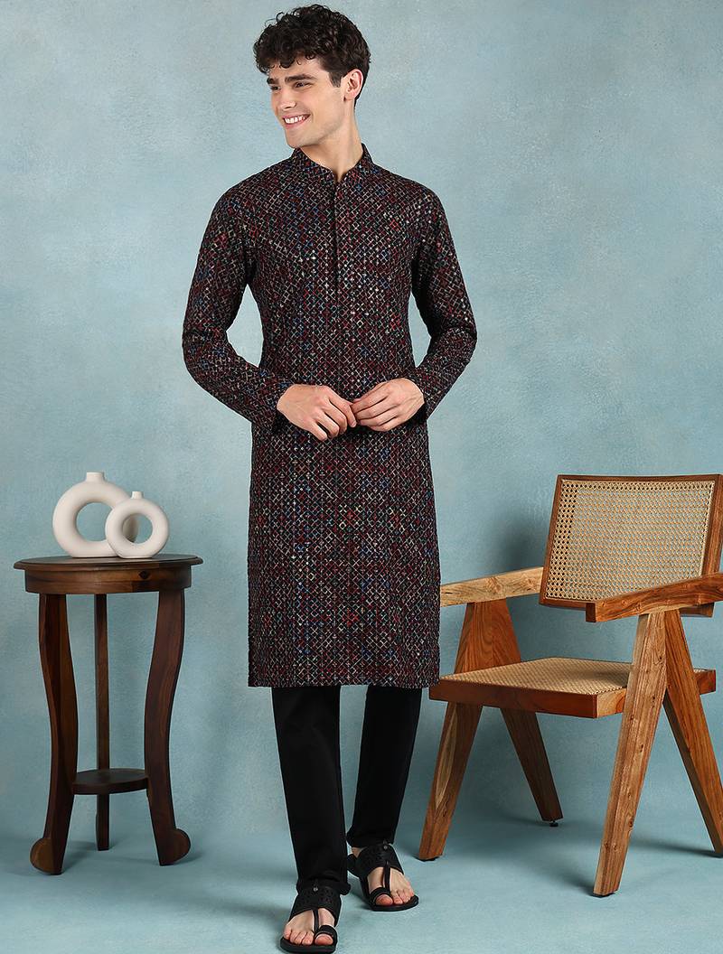 Men black viscose rayon ethnic motifs embroidered straight kurta