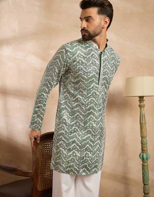 Men green silk blend solid embroidered straight kurta sets 3
