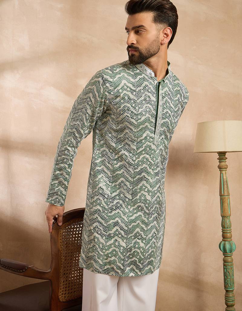 Men green silk blend solid embroidered straight kurta sets