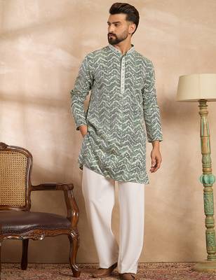 Men green silk blend solid embroidered straight kurta sets 5