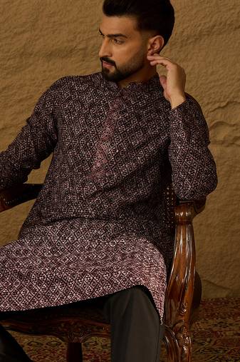Men black viscose rayon solid embroidered straight kurta with trouser
