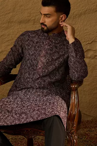 Men black viscose rayon solid embroidered straight kurta with trouser