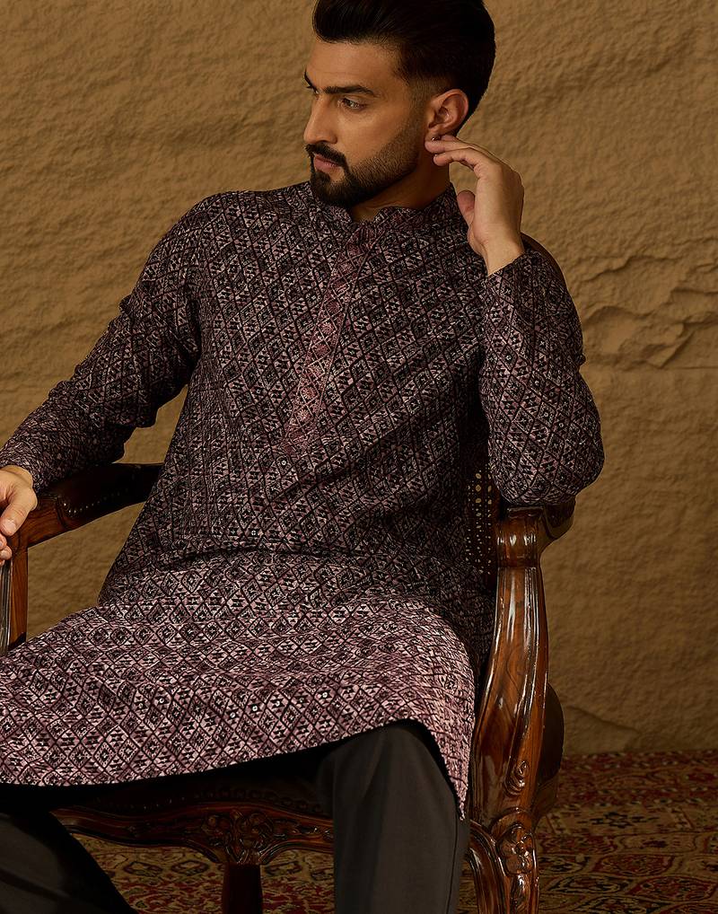Men black viscose rayon solid embroidered straight kurta with trouser