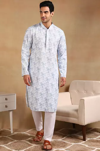 Men white viscose rayon abstract embroidered straight kurta