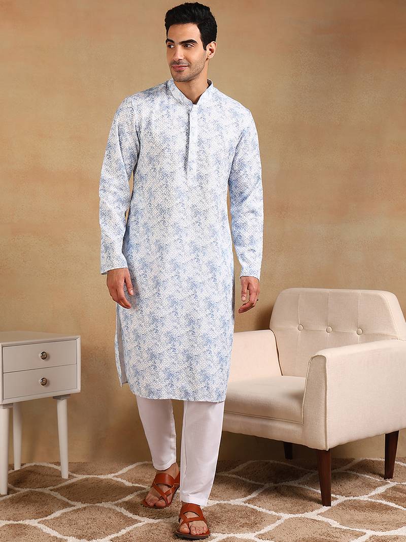 Men white viscose rayon abstract embroidered straight kurta