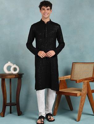 Men black viscose rayon solid embroidered straight kurta 1