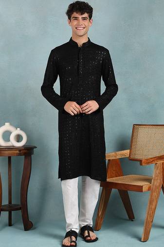 Men black viscose rayon solid embroidered straight kurta