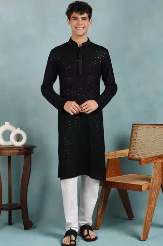 Men black viscose rayon solid embroidered straight kurta