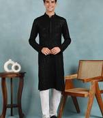 Men black viscose rayon solid embroidered straight kurta