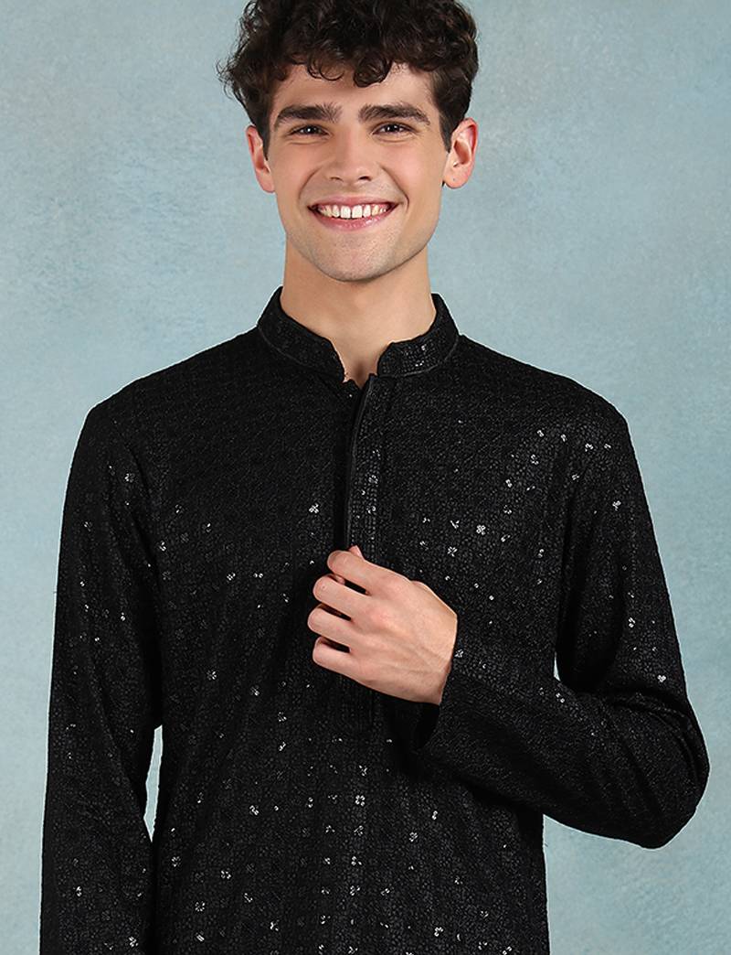 Men black viscose rayon solid embroidered straight kurta