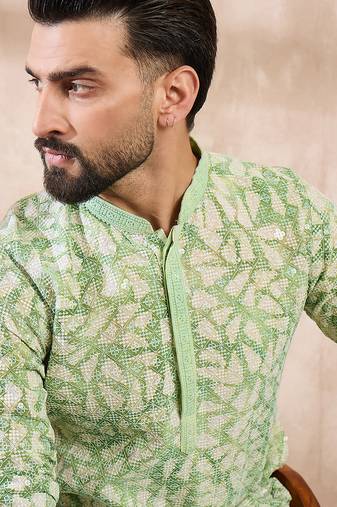 Men green viscose rayon ethnic motifs embroidered straight kurta with trouser