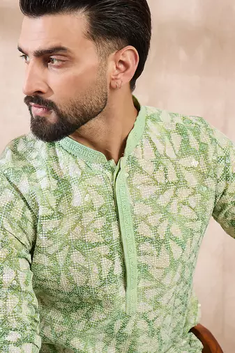 Men green viscose rayon ethnic motifs embroidered straight kurta with trouser
