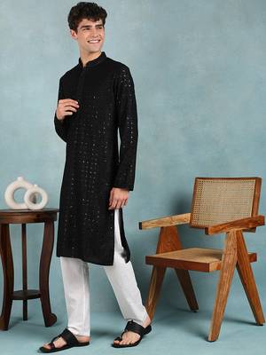 Men black viscose rayon solid embroidered straight kurta 3