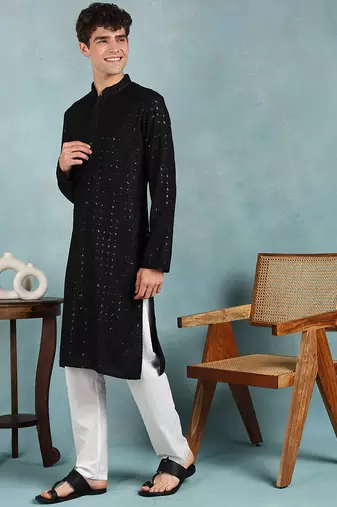 Men black viscose rayon solid embroidered straight kurta