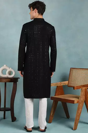 Men black viscose rayon solid embroidered straight kurta
