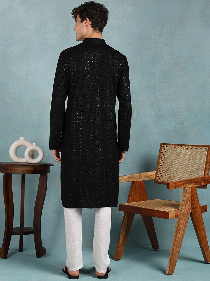 Men black viscose rayon solid embroidered straight kurta