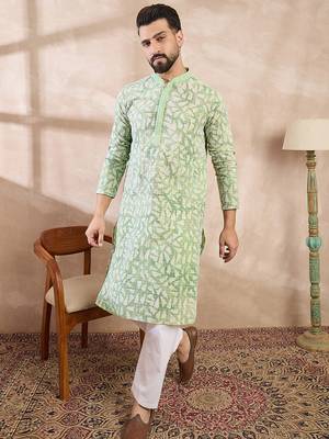 Men green viscose rayon ethnic motifs embroidered straight kurta with trouser 3