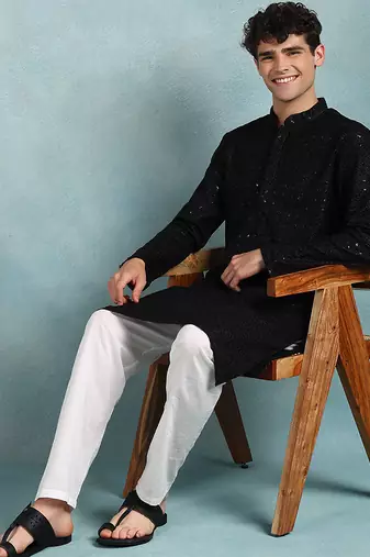 Men black viscose rayon solid embroidered straight kurta