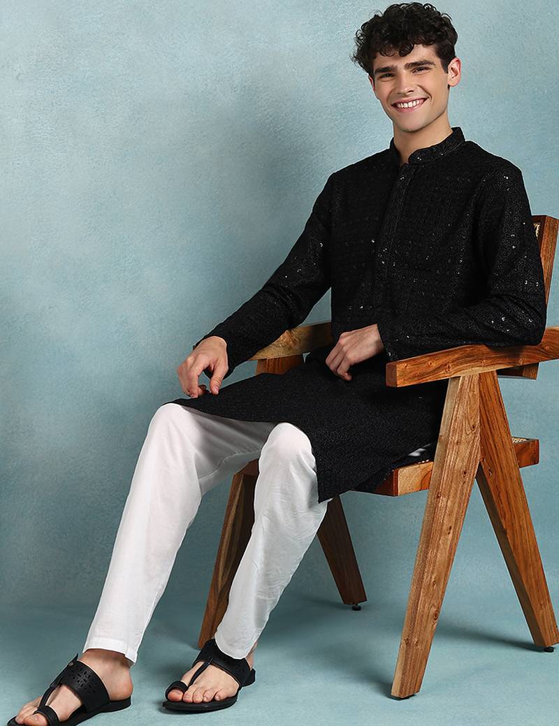 Men black viscose rayon solid embroidered straight kurta