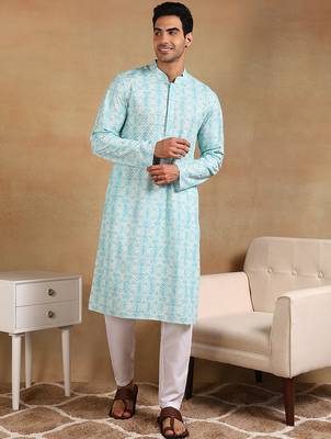 Men turquoise blue viscose rayon geometric embroidered straight kurta 1