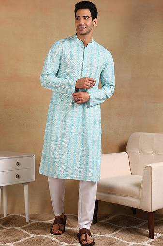 Men turquoise blue viscose rayon geometric embroidered straight kurta