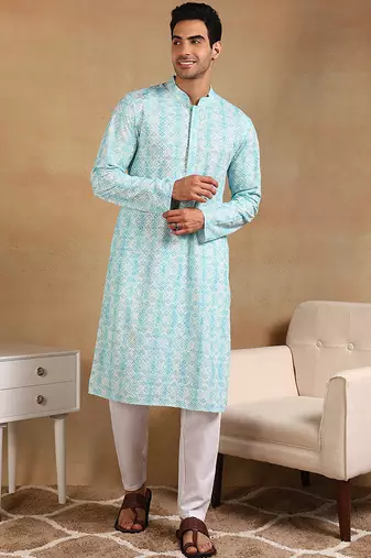 Men turquoise blue viscose rayon geometric embroidered straight kurta