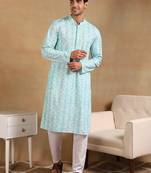 Men turquoise blue viscose rayon geometric embroidered straight kurta