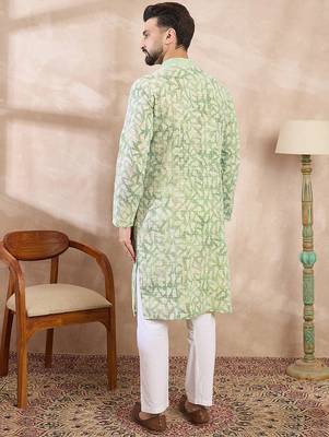 Men green viscose rayon ethnic motifs embroidered straight kurta with trouser 4