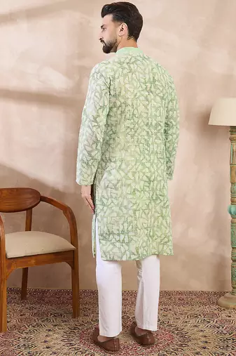Men green viscose rayon ethnic motifs embroidered straight kurta with trouser