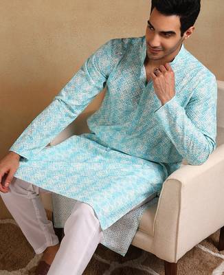 Men turquoise blue viscose rayon geometric embroidered straight kurta 2