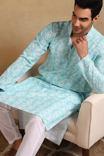 Men turquoise blue viscose rayon geometric embroidered straight kurta