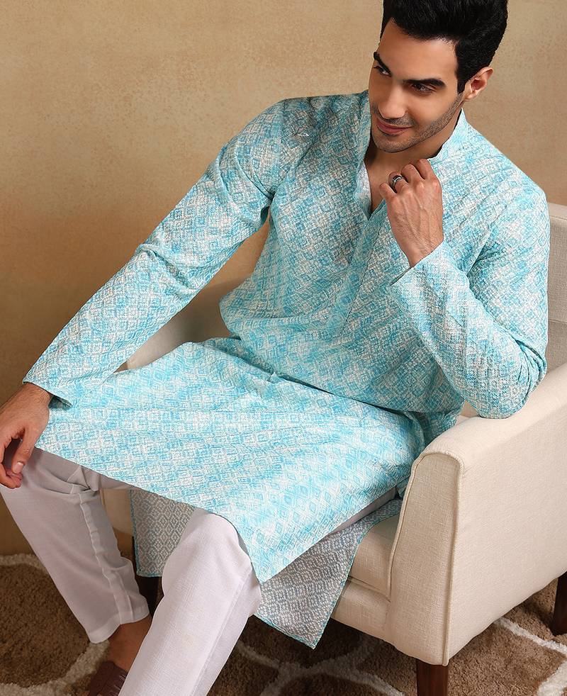 Men turquoise blue viscose rayon geometric embroidered straight kurta