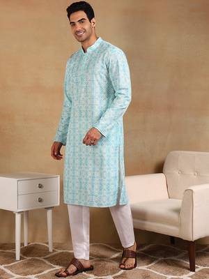 Men turquoise blue viscose rayon geometric embroidered straight kurta 3