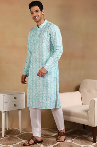 Men turquoise blue viscose rayon geometric embroidered straight kurta