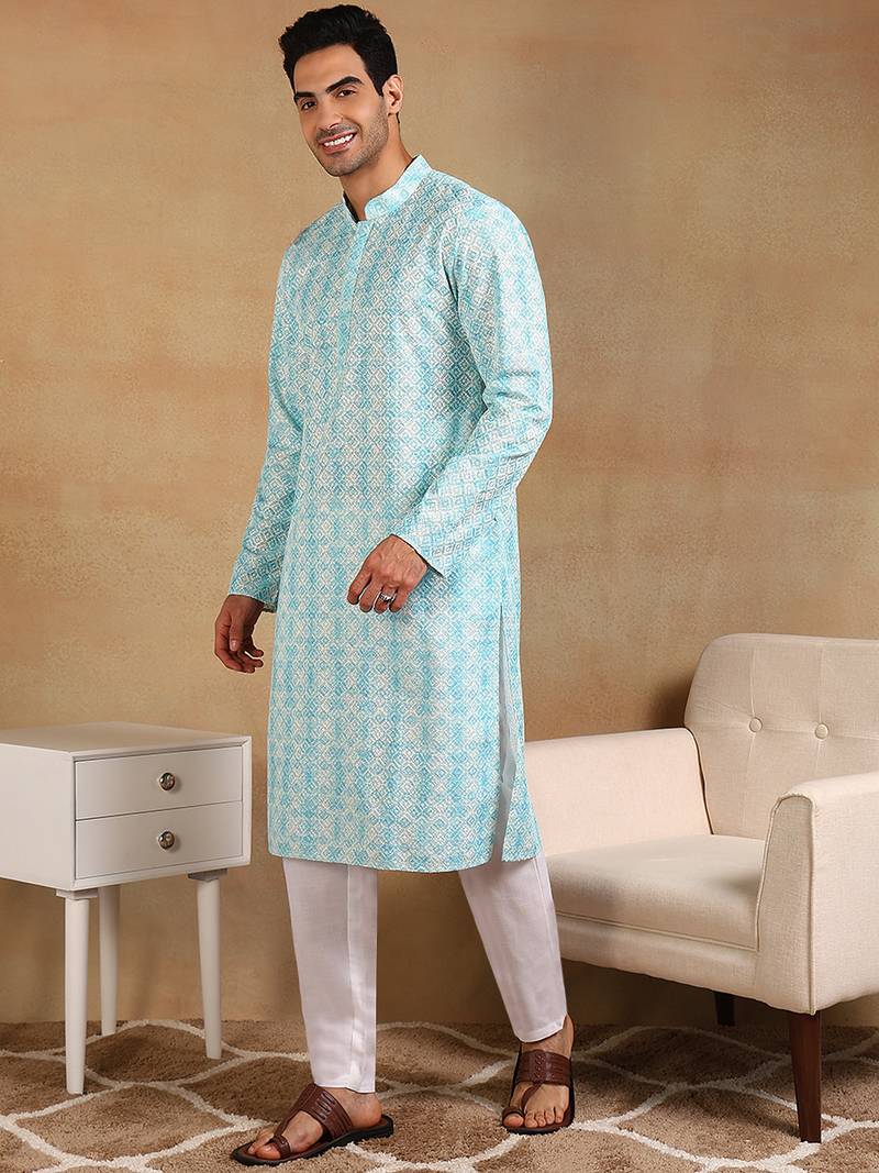 Men turquoise blue viscose rayon geometric embroidered straight kurta