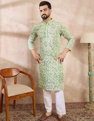 Men green viscose rayon ethnic motifs embroidered straight kurta with trouser 5