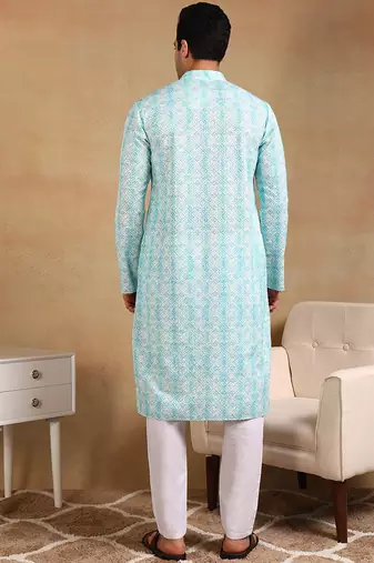 Men turquoise blue viscose rayon geometric embroidered straight kurta