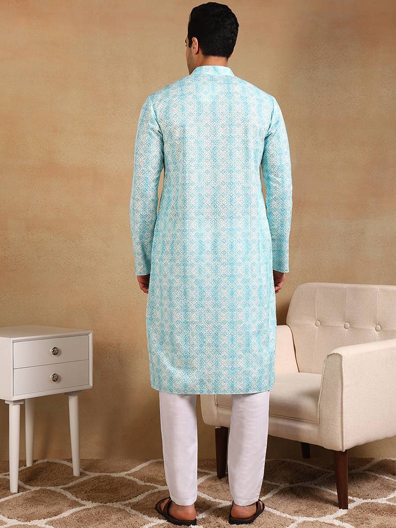 Men turquoise blue viscose rayon geometric embroidered straight kurta