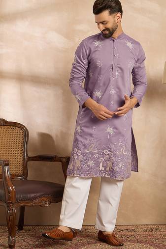 Men lavender silk blend solid embroidered straight kurta sets