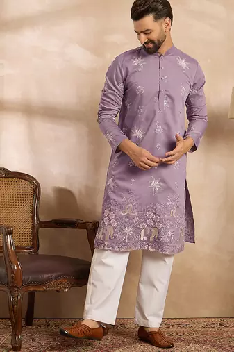 Men lavender silk blend solid embroidered straight kurta sets