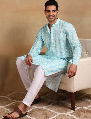 Men turquoise blue viscose rayon geometric embroidered straight kurta 5