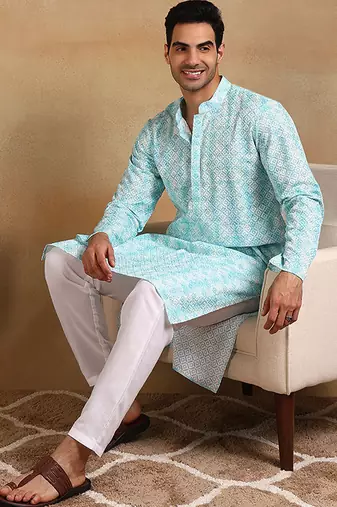 Men turquoise blue viscose rayon geometric embroidered straight kurta