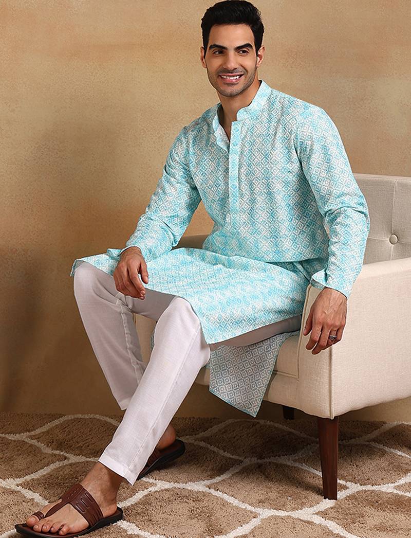 Men turquoise blue viscose rayon geometric embroidered straight kurta