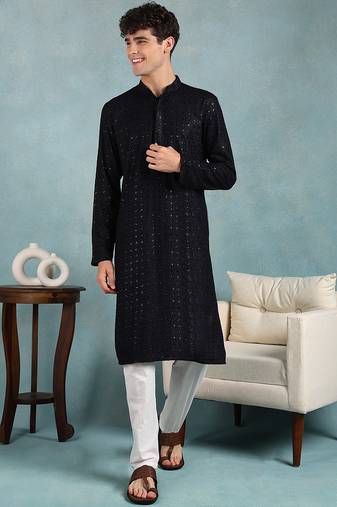 Men navy blue viscose rayon solid embroidered straight kurta