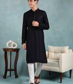 Men navy blue viscose rayon solid embroidered straight kurta