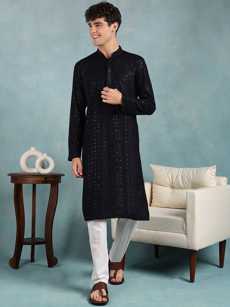 Men navy blue viscose rayon solid embroidered straight kurta