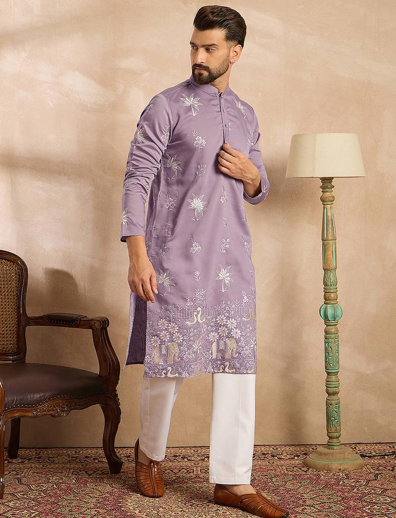 Men lavender silk blend solid embroidered straight kurta sets