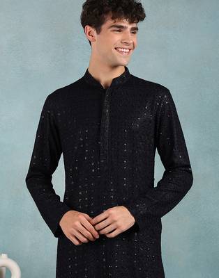 Men navy blue viscose rayon solid embroidered straight kurta 2